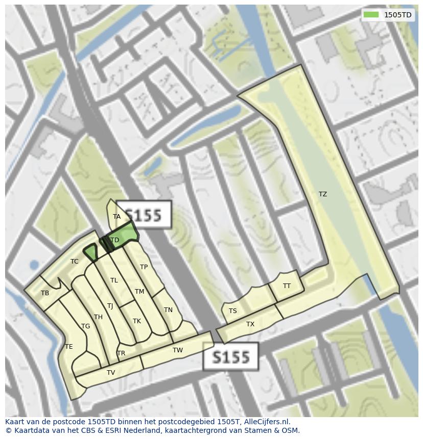 Afbeelding van het postcodegebied 1505 TD op de kaart.