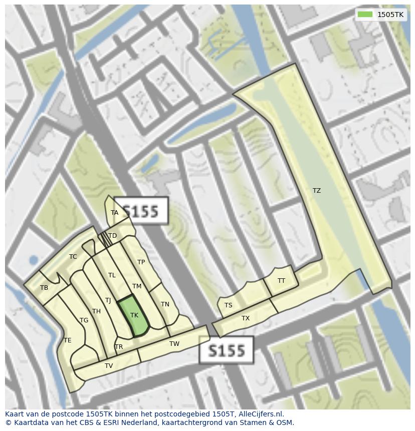 Afbeelding van het postcodegebied 1505 TK op de kaart.