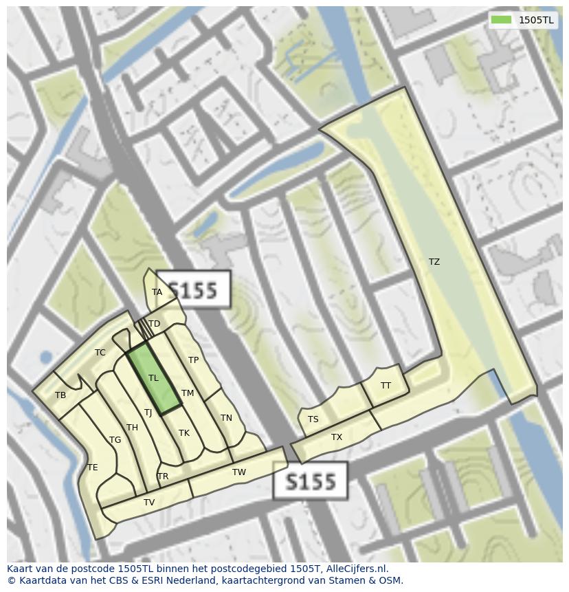 Afbeelding van het postcodegebied 1505 TL op de kaart.