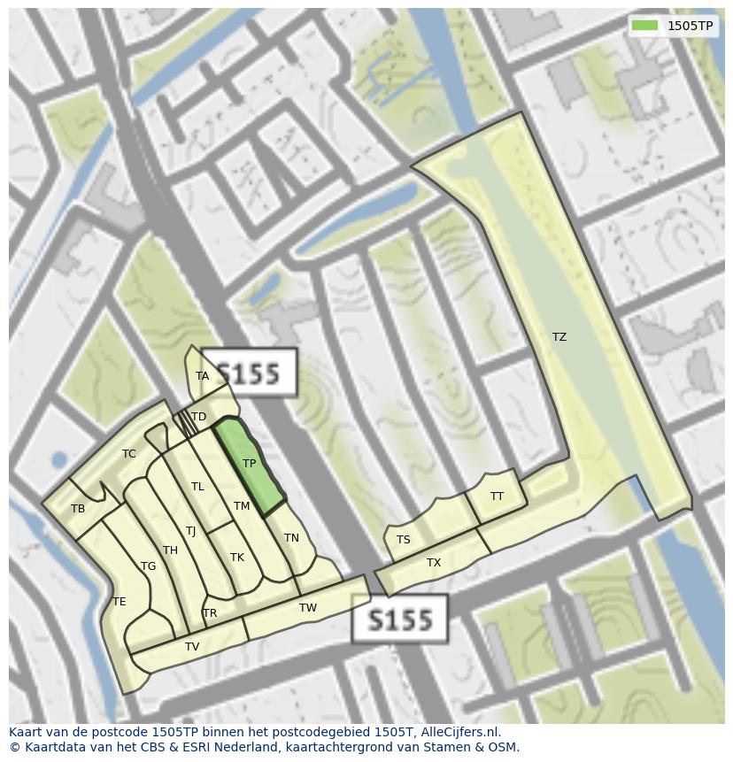 Afbeelding van het postcodegebied 1505 TP op de kaart.