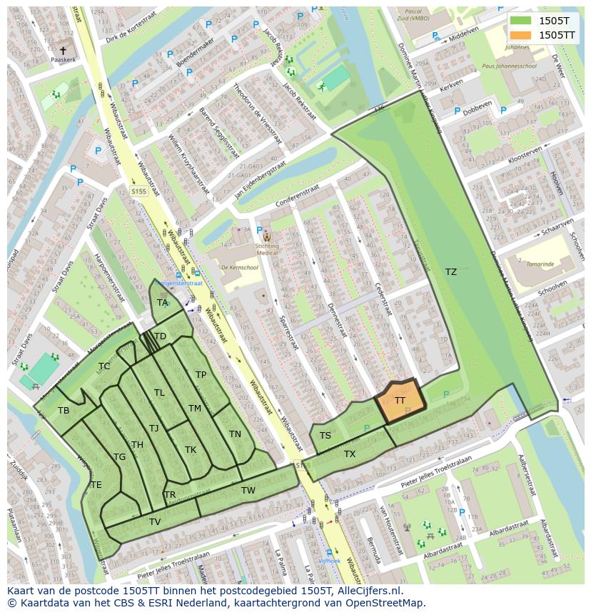Afbeelding van het postcodegebied 1505 TT op de kaart.