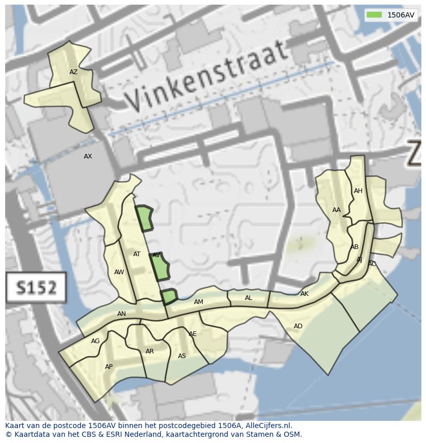 Afbeelding van het postcodegebied 1506 AV op de kaart.