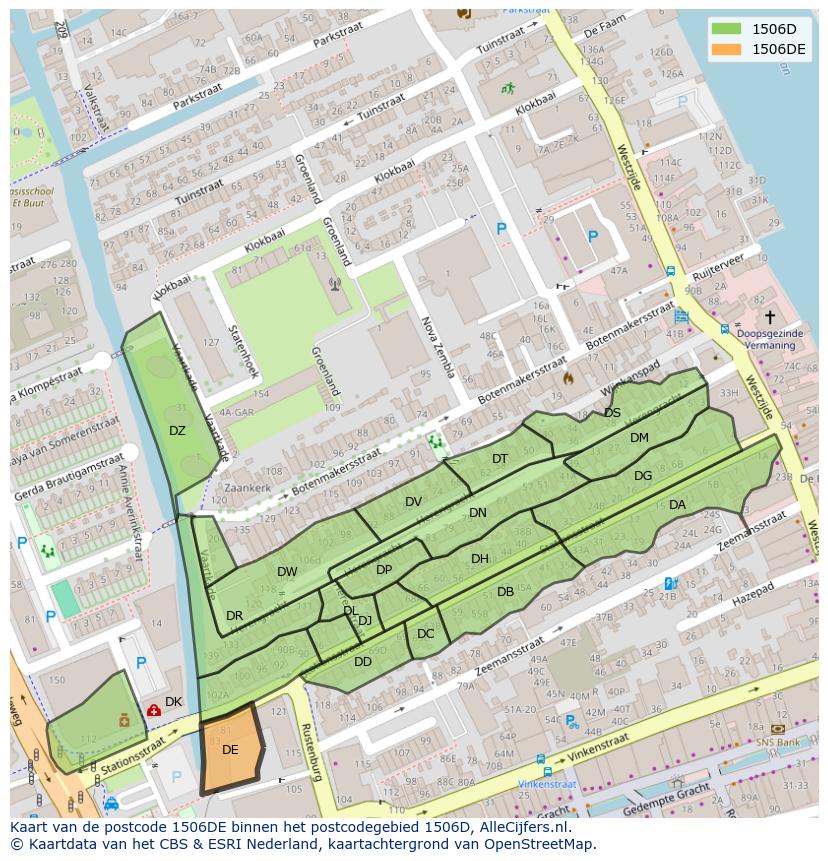 Afbeelding van het postcodegebied 1506 DE op de kaart.