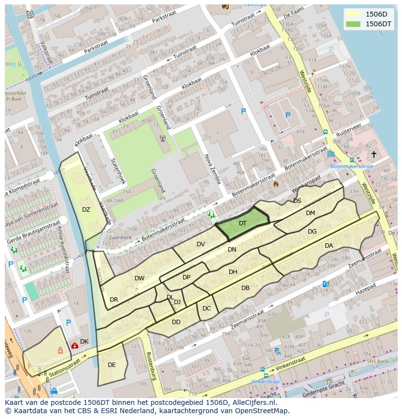 Afbeelding van het postcodegebied 1506 DT op de kaart.