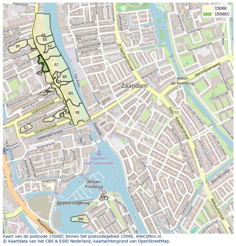 Afbeelding van het postcodegebied 1506 EC op de kaart.
