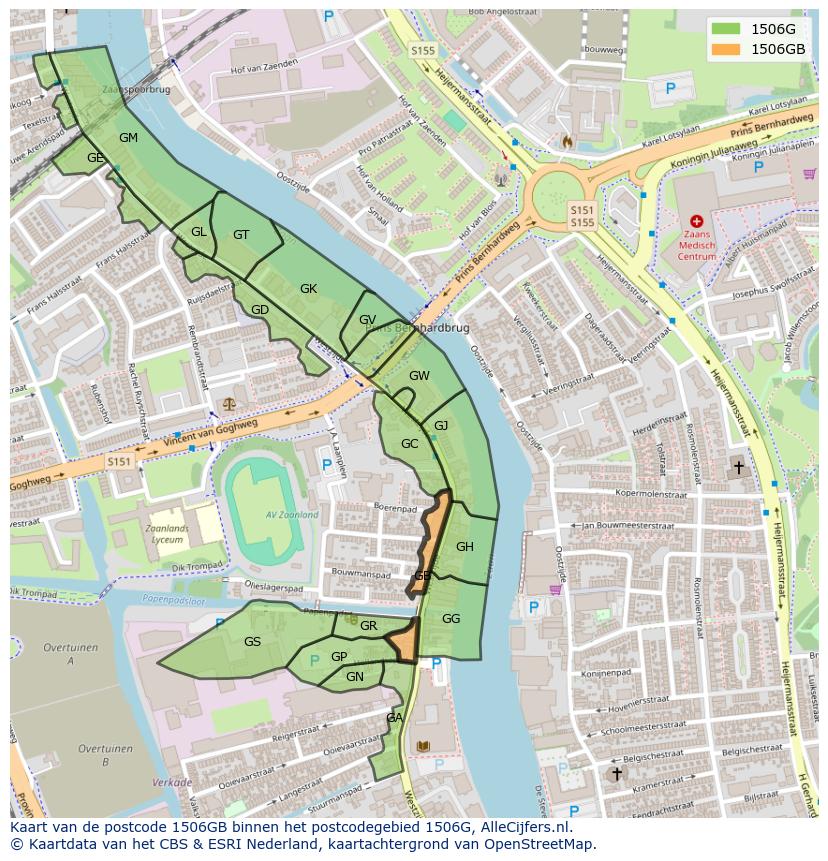 Afbeelding van het postcodegebied 1506 GB op de kaart.