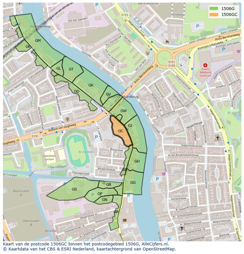 Afbeelding van het postcodegebied 1506 GC op de kaart.