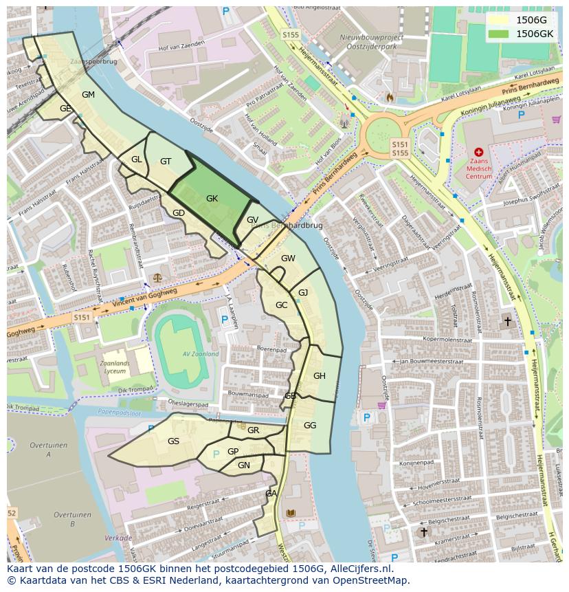 Afbeelding van het postcodegebied 1506 GK op de kaart.