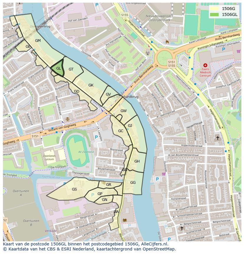 Afbeelding van het postcodegebied 1506 GL op de kaart.