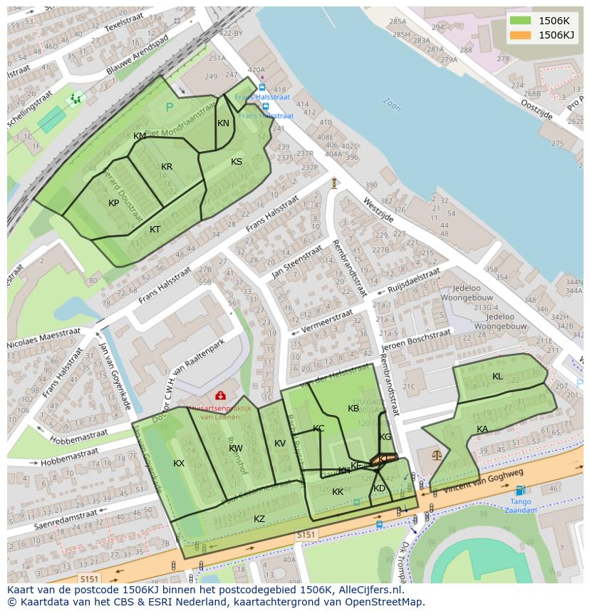 Afbeelding van het postcodegebied 1506 KJ op de kaart.