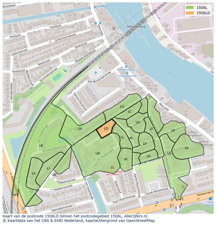 Afbeelding van het postcodegebied 1506 LD op de kaart.