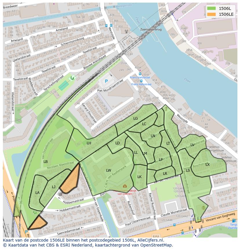 Afbeelding van het postcodegebied 1506 LE op de kaart.