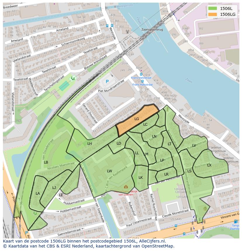 Afbeelding van het postcodegebied 1506 LG op de kaart.