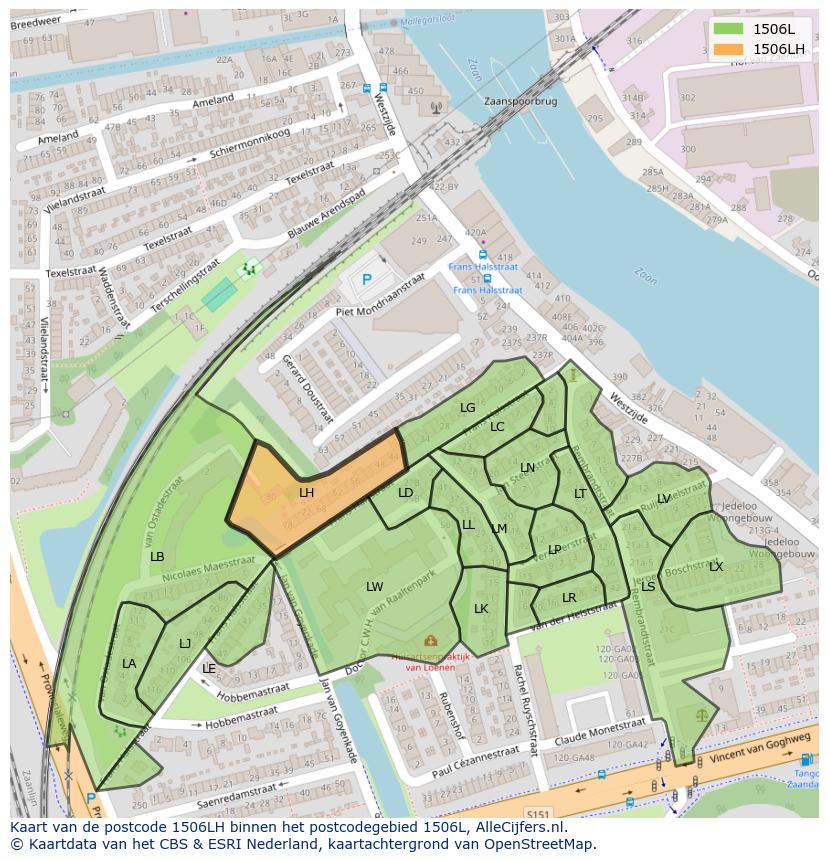 Afbeelding van het postcodegebied 1506 LH op de kaart.