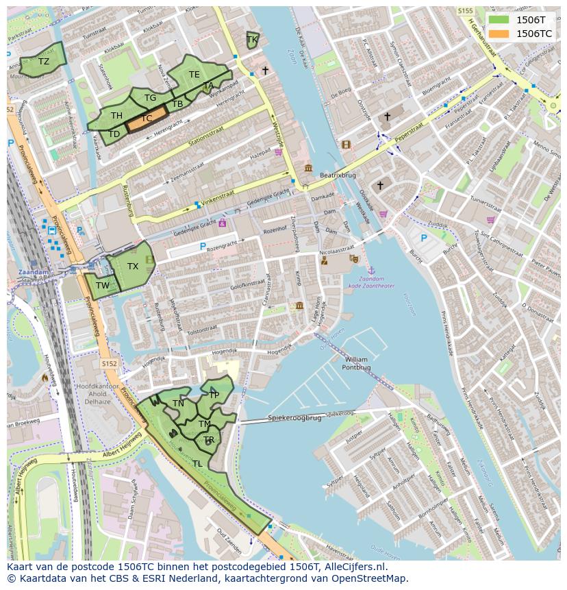 Afbeelding van het postcodegebied 1506 TC op de kaart.