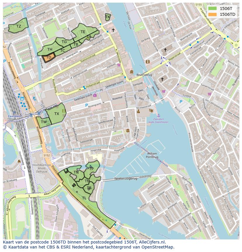 Afbeelding van het postcodegebied 1506 TD op de kaart.