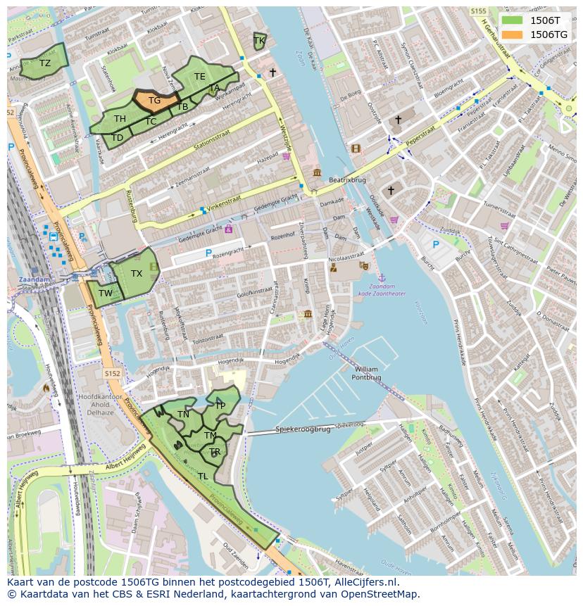 Afbeelding van het postcodegebied 1506 TG op de kaart.