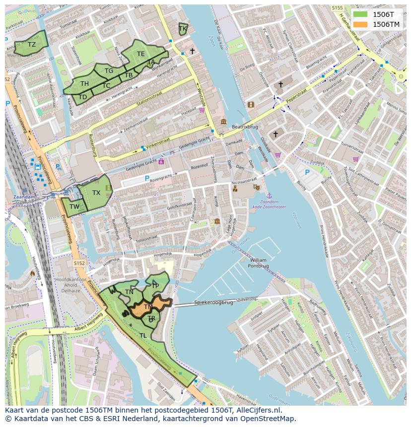 Afbeelding van het postcodegebied 1506 TM op de kaart.