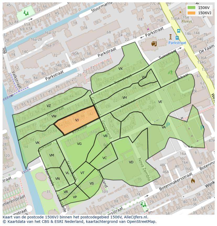 Afbeelding van het postcodegebied 1506 VJ op de kaart.