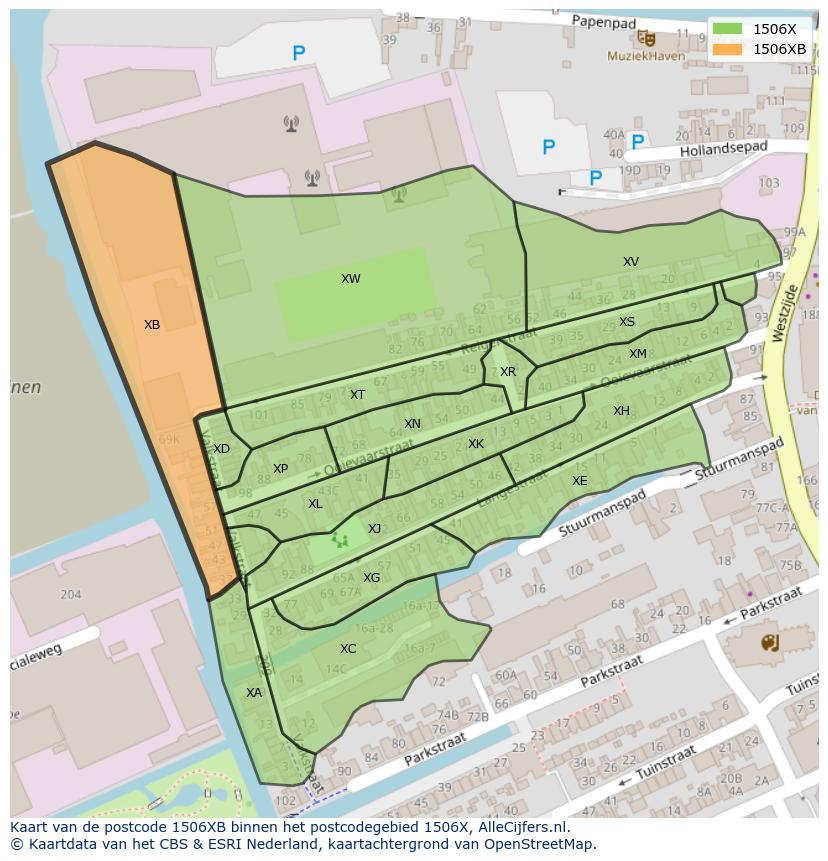 Afbeelding van het postcodegebied 1506 XB op de kaart.
