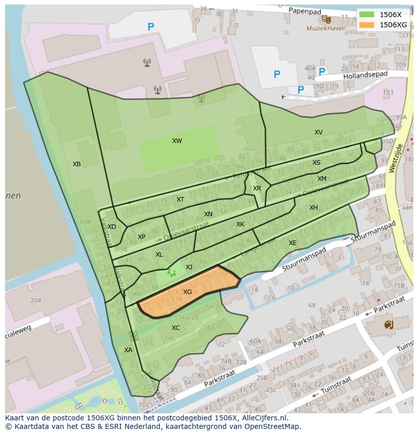 Afbeelding van het postcodegebied 1506 XG op de kaart.