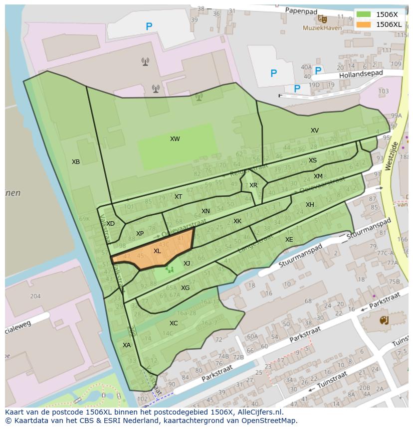 Afbeelding van het postcodegebied 1506 XL op de kaart.