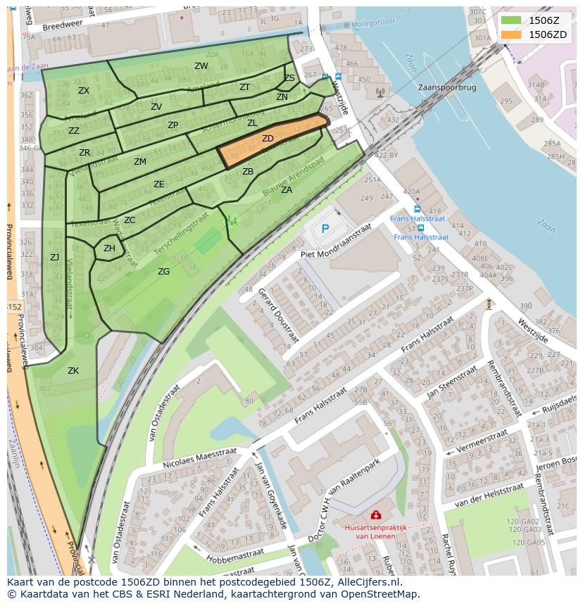 Afbeelding van het postcodegebied 1506 ZD op de kaart.