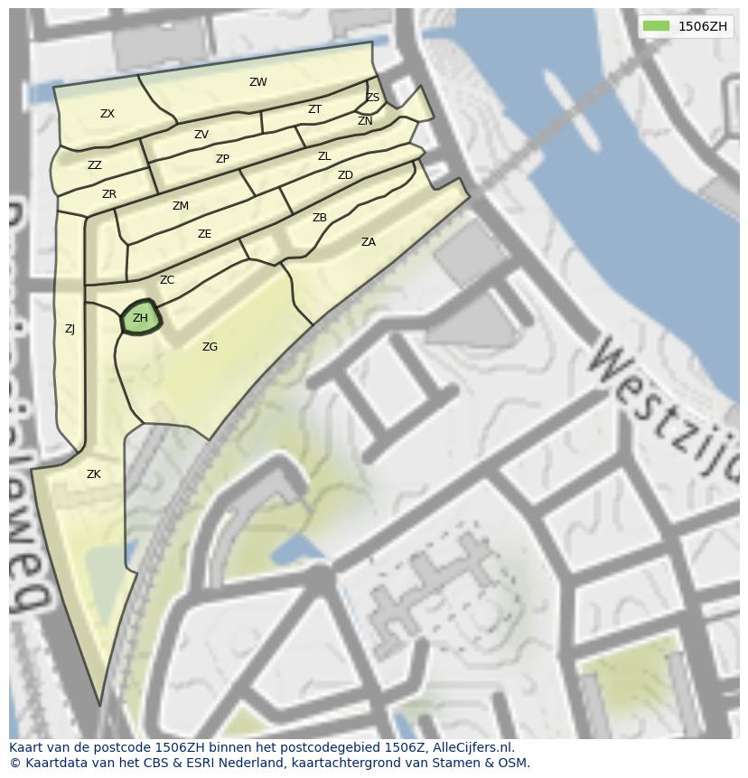 Afbeelding van het postcodegebied 1506 ZH op de kaart.