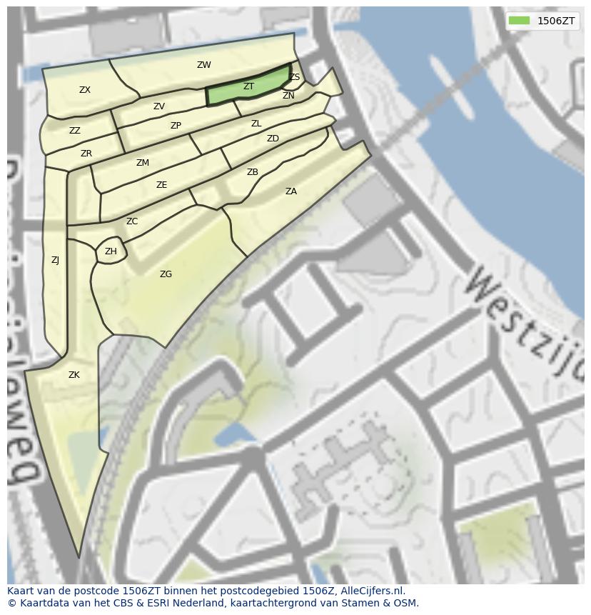 Afbeelding van het postcodegebied 1506 ZT op de kaart.