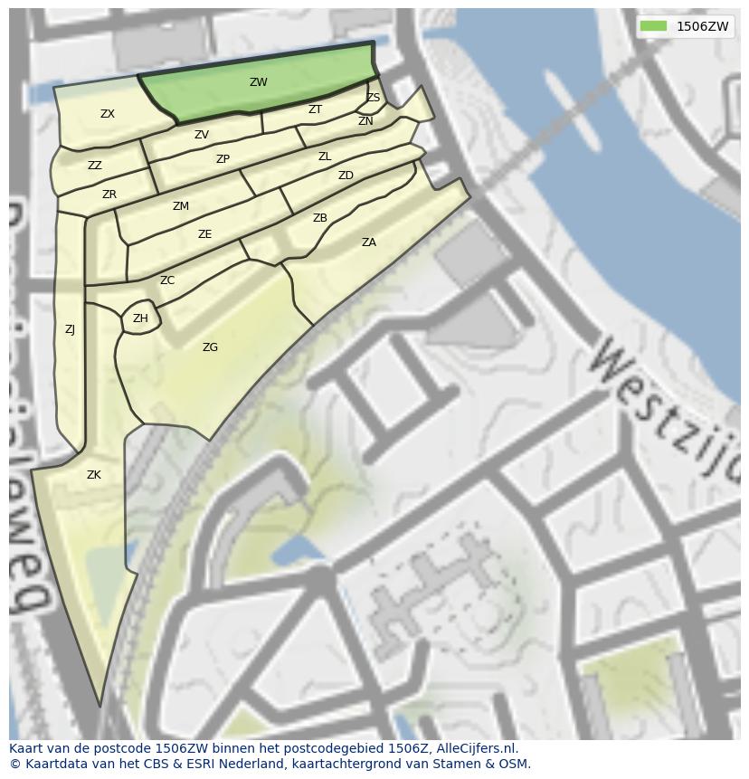 Afbeelding van het postcodegebied 1506 ZW op de kaart.