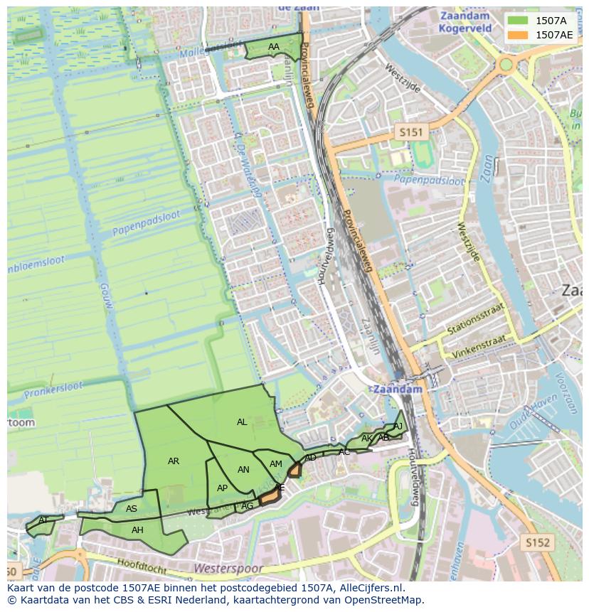 Afbeelding van het postcodegebied 1507 AE op de kaart.