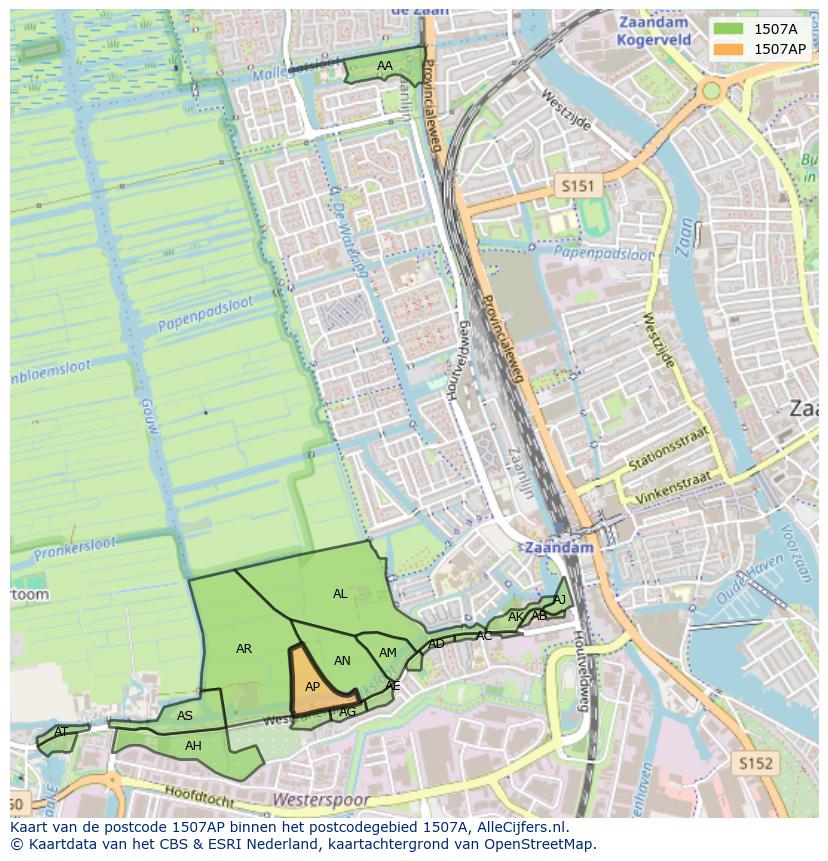 Afbeelding van het postcodegebied 1507 AP op de kaart.