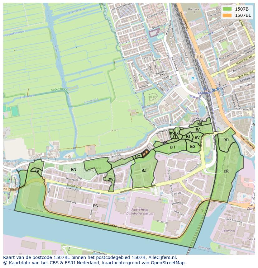 Afbeelding van het postcodegebied 1507 BL op de kaart.