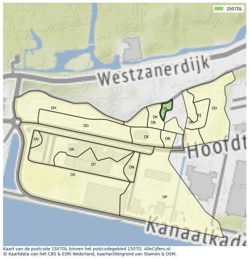 Afbeelding van het postcodegebied 1507 DL op de kaart.