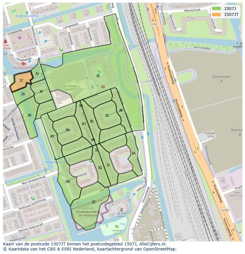 Afbeelding van het postcodegebied 1507 JT op de kaart.
