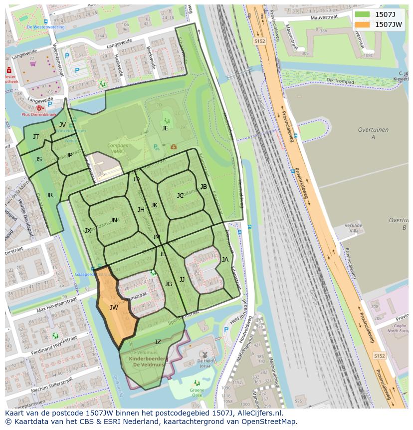 Afbeelding van het postcodegebied 1507 JW op de kaart.
