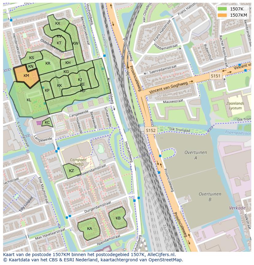 Afbeelding van het postcodegebied 1507 KM op de kaart.