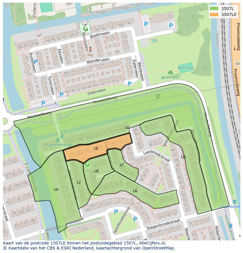 Afbeelding van het postcodegebied 1507 LE op de kaart.