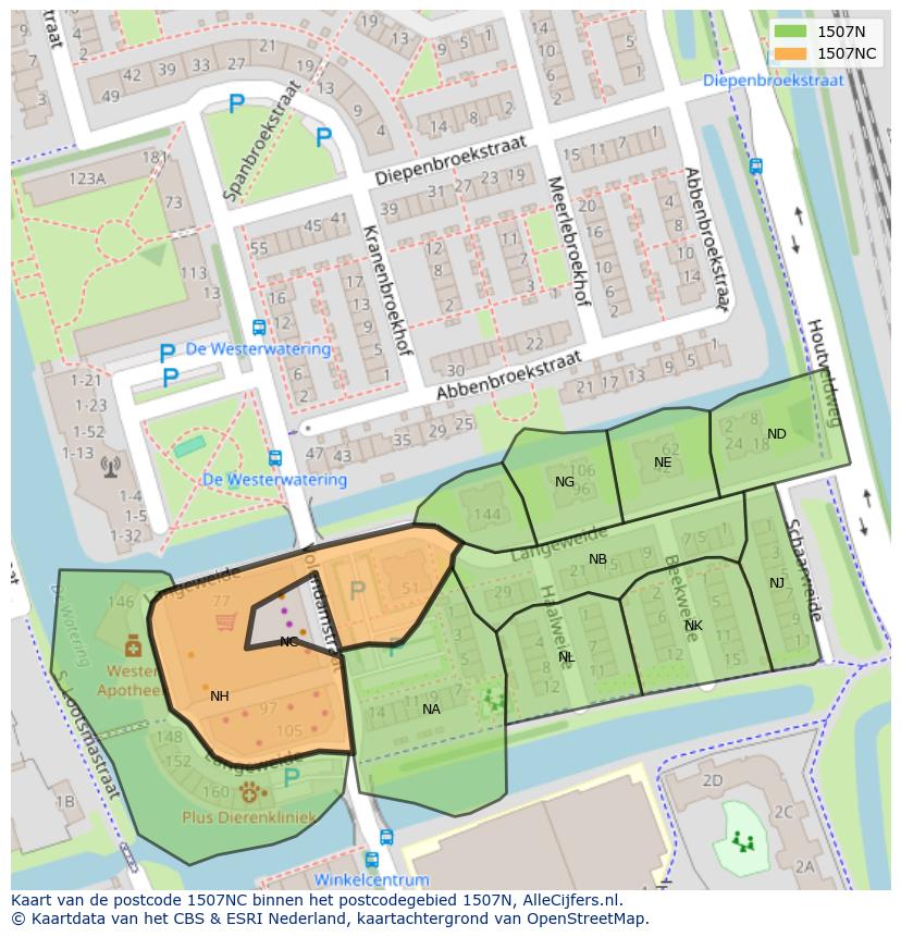 Afbeelding van het postcodegebied 1507 NC op de kaart.