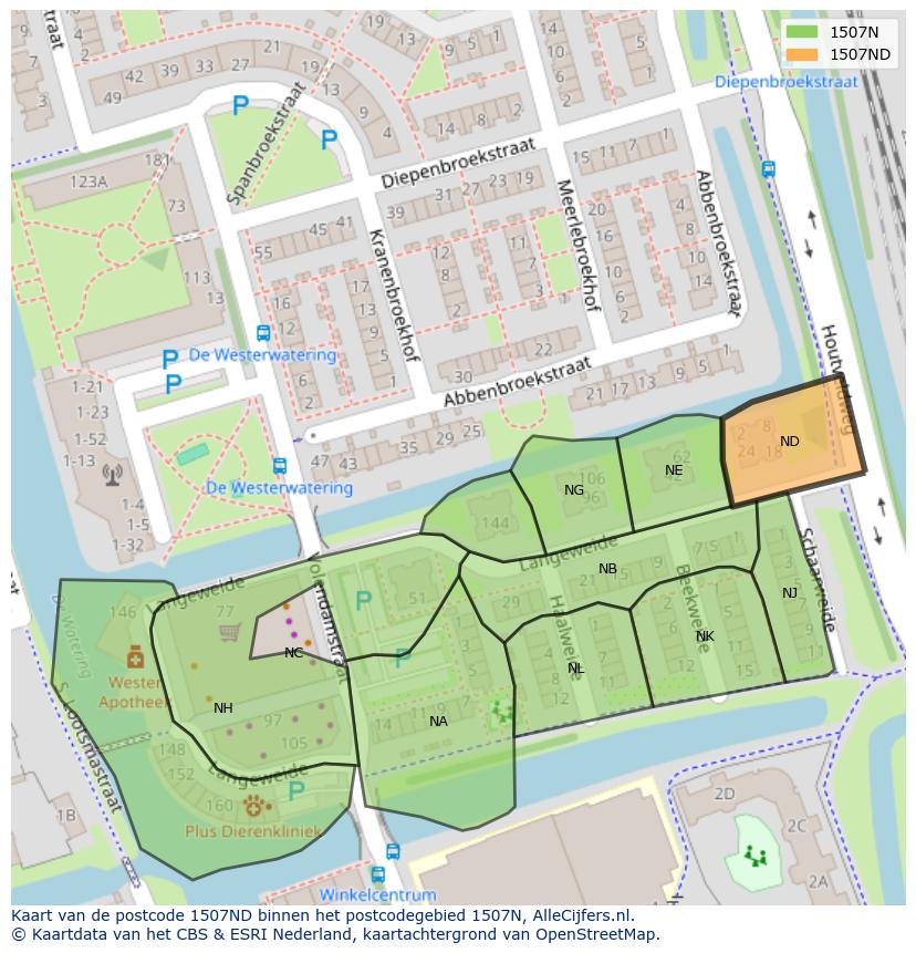 Afbeelding van het postcodegebied 1507 ND op de kaart.