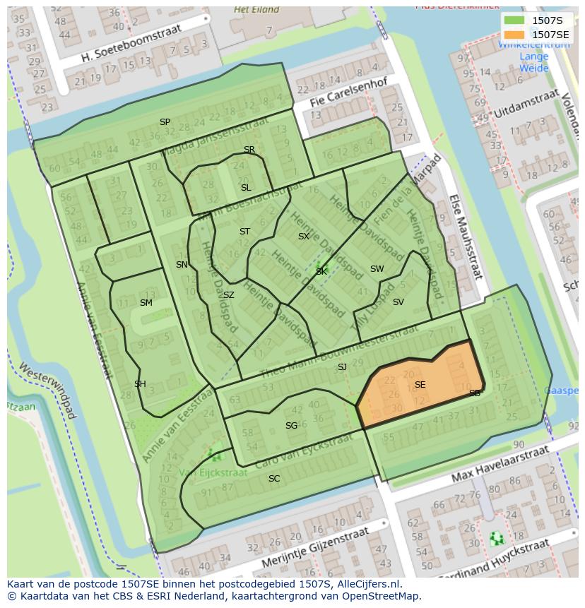 Afbeelding van het postcodegebied 1507 SE op de kaart.