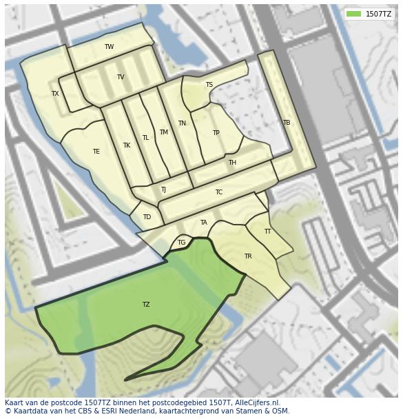 Afbeelding van het postcodegebied 1507 TZ op de kaart.