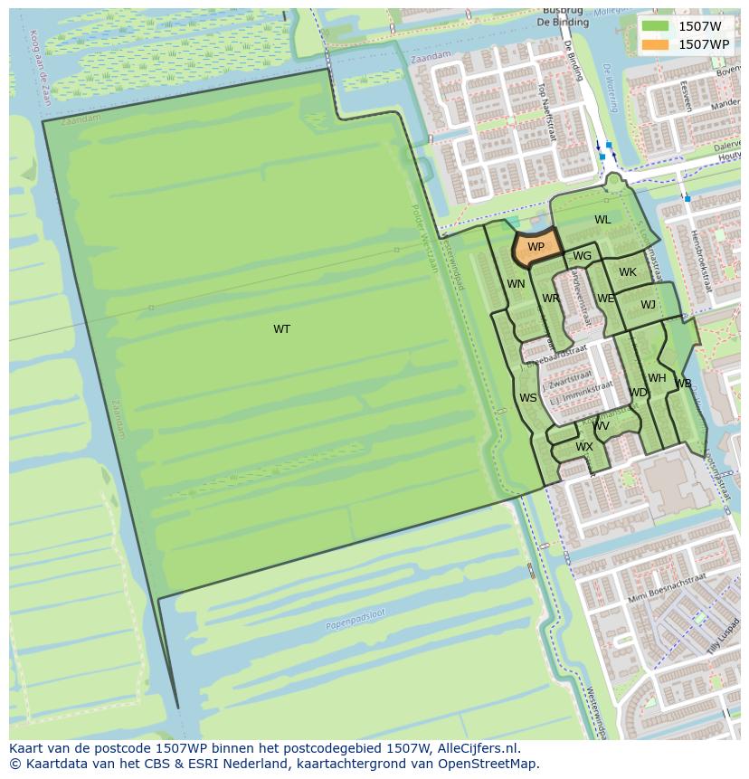 Afbeelding van het postcodegebied 1507 WP op de kaart.