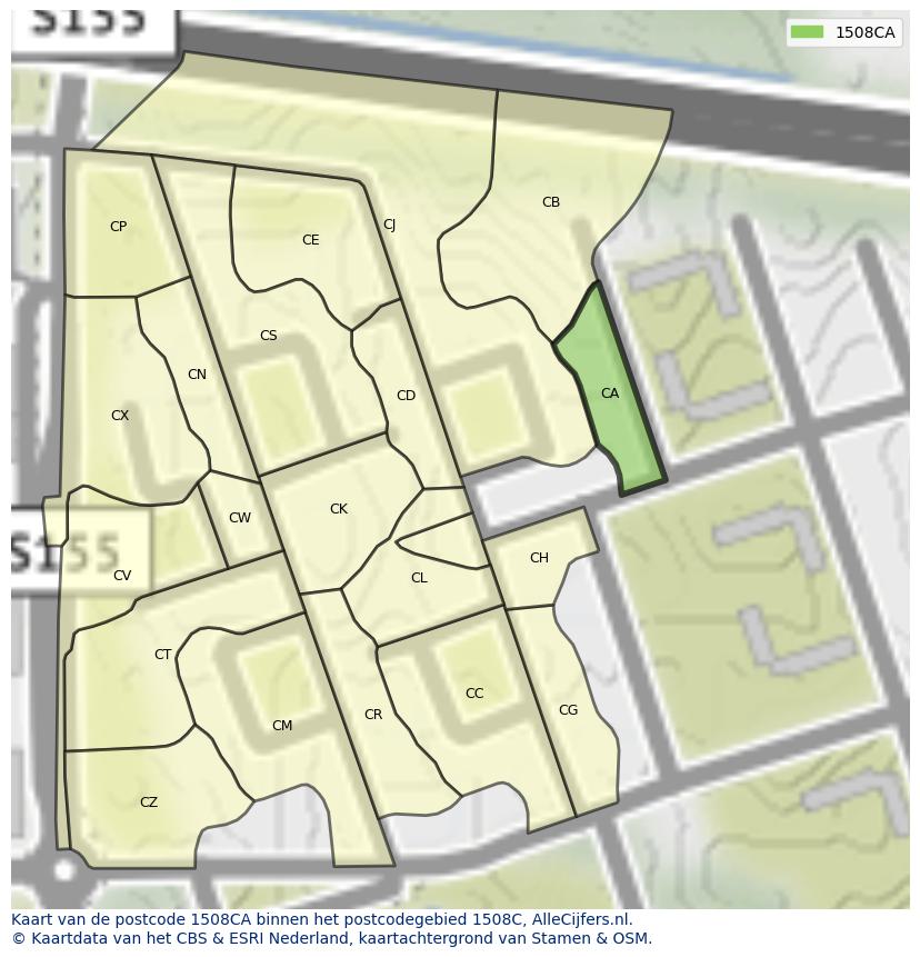 Afbeelding van het postcodegebied 1508 CA op de kaart.