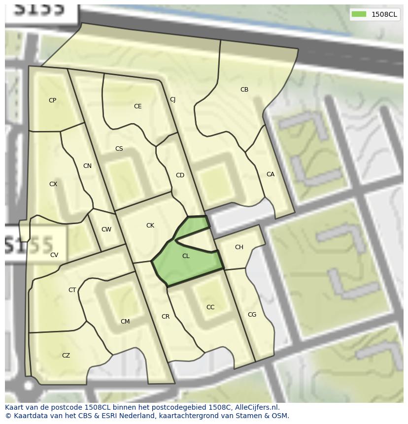 Afbeelding van het postcodegebied 1508 CL op de kaart.