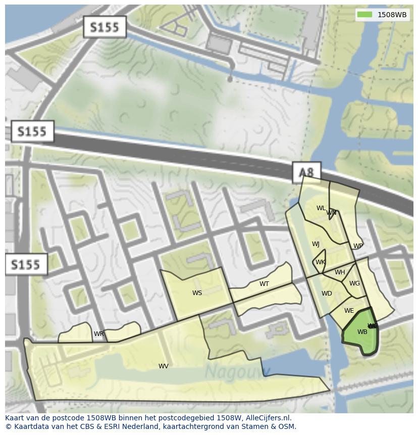 Afbeelding van het postcodegebied 1508 WB op de kaart.