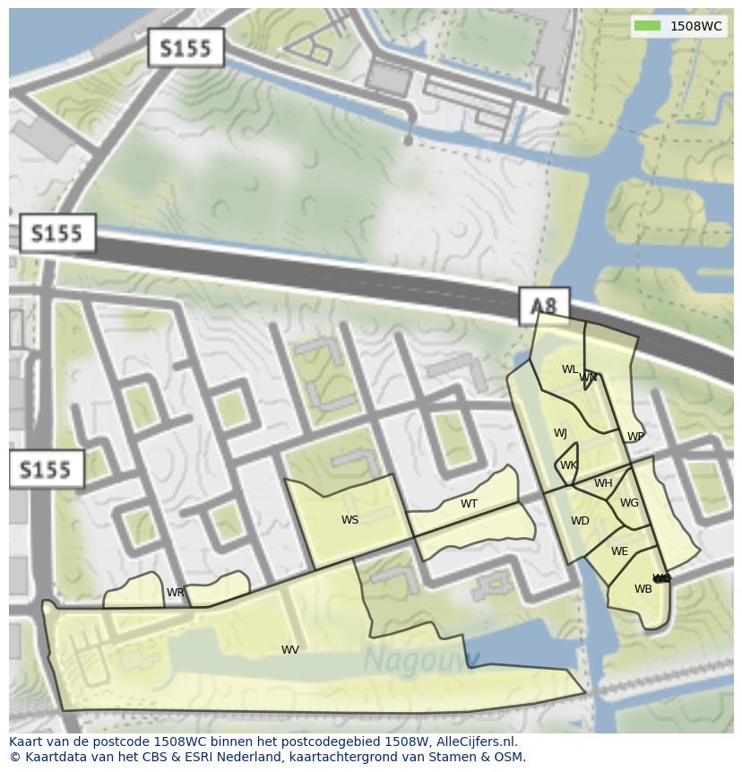 Afbeelding van het postcodegebied 1508 WC op de kaart.