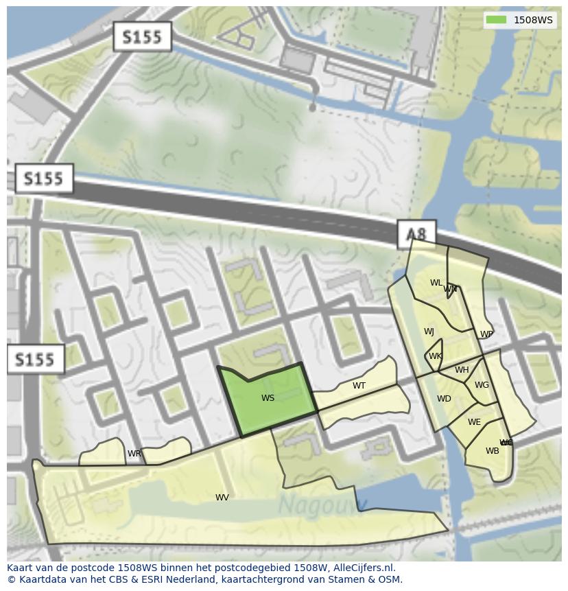 Afbeelding van het postcodegebied 1508 WS op de kaart.