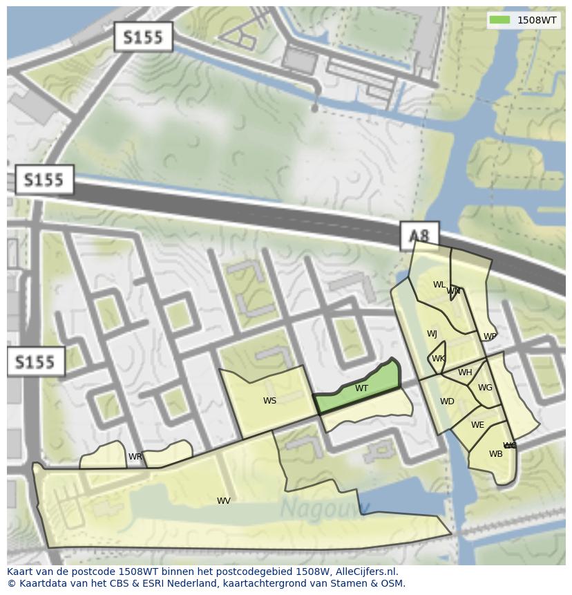 Afbeelding van het postcodegebied 1508 WT op de kaart.