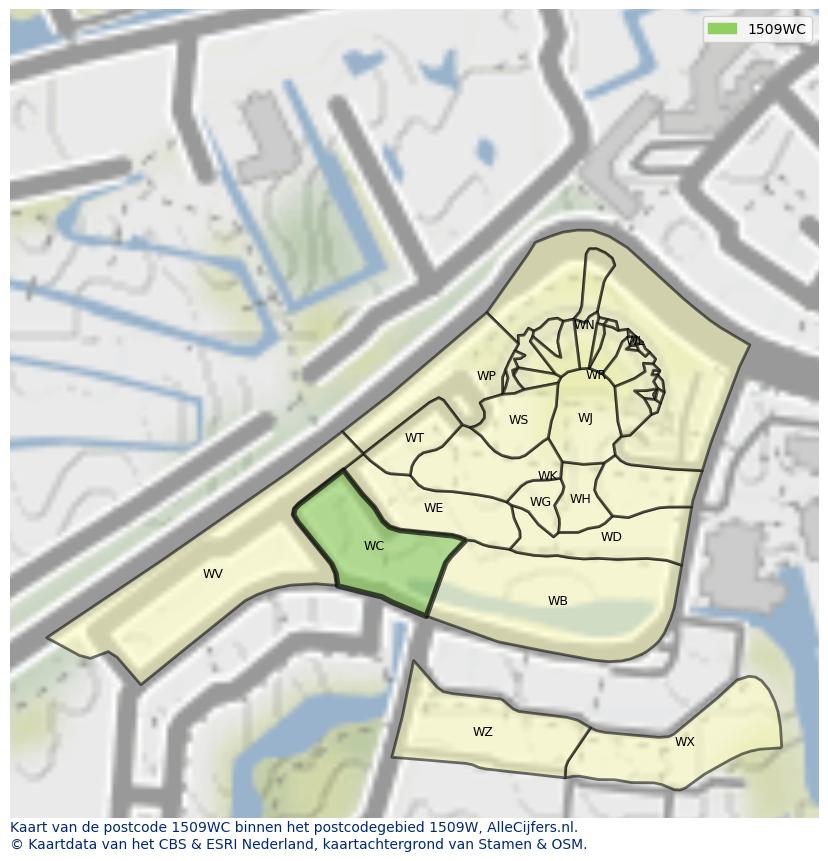 Afbeelding van het postcodegebied 1509 WC op de kaart.